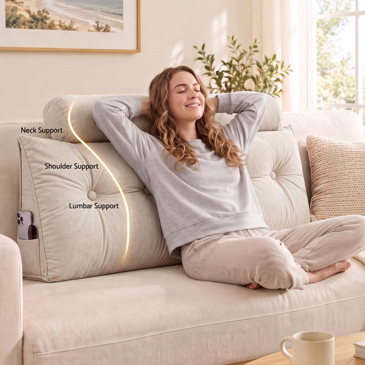 Artiss Headboard Pillow Double Wedge Backrest Triangular with 2 Cushions Beige Awezingly