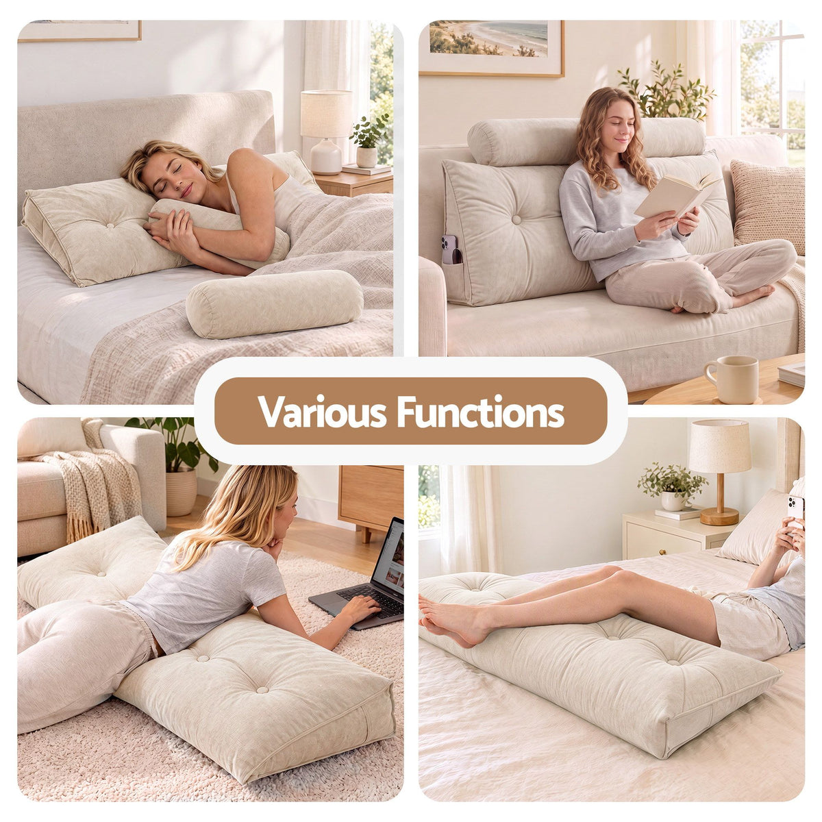 Artiss Headboard Pillow Double Wedge Backrest Triangular with 2 Cushions Beige Awezingly