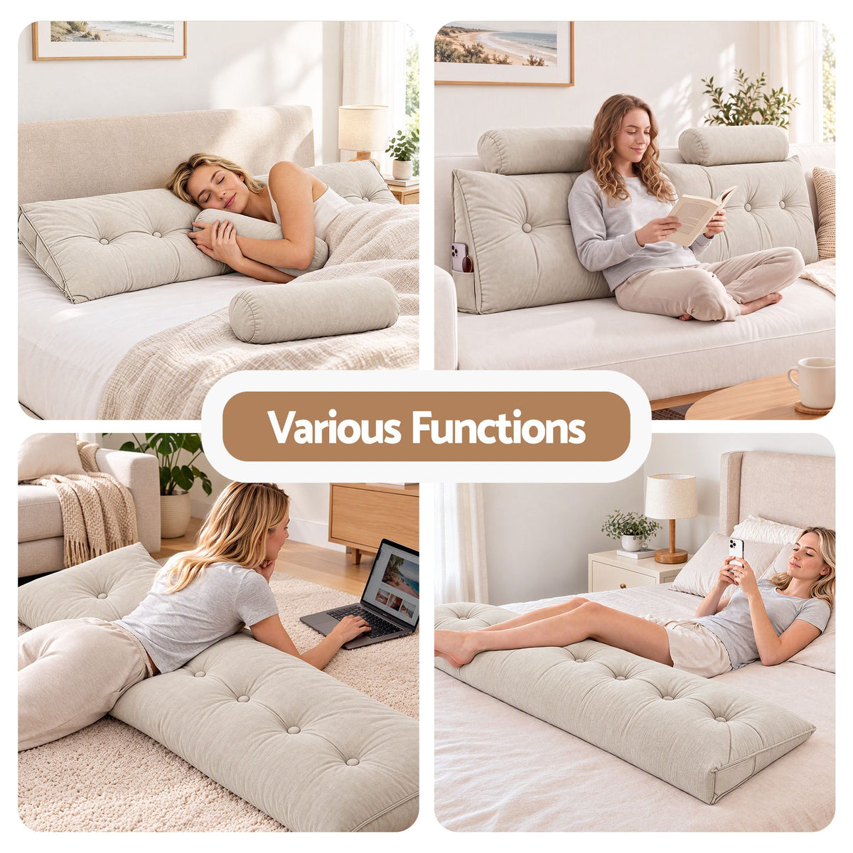 Artiss Headboard Pillow King Wedge Backrest Triangular with 2 Cushions Beige Awezingly