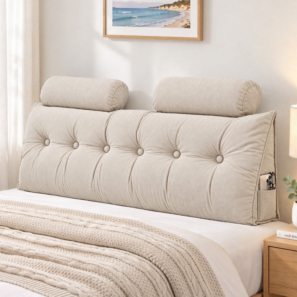 Artiss Headboard Pillow Queen Wedge Backrest Triangular with 2 Cushions Beige Awezingly