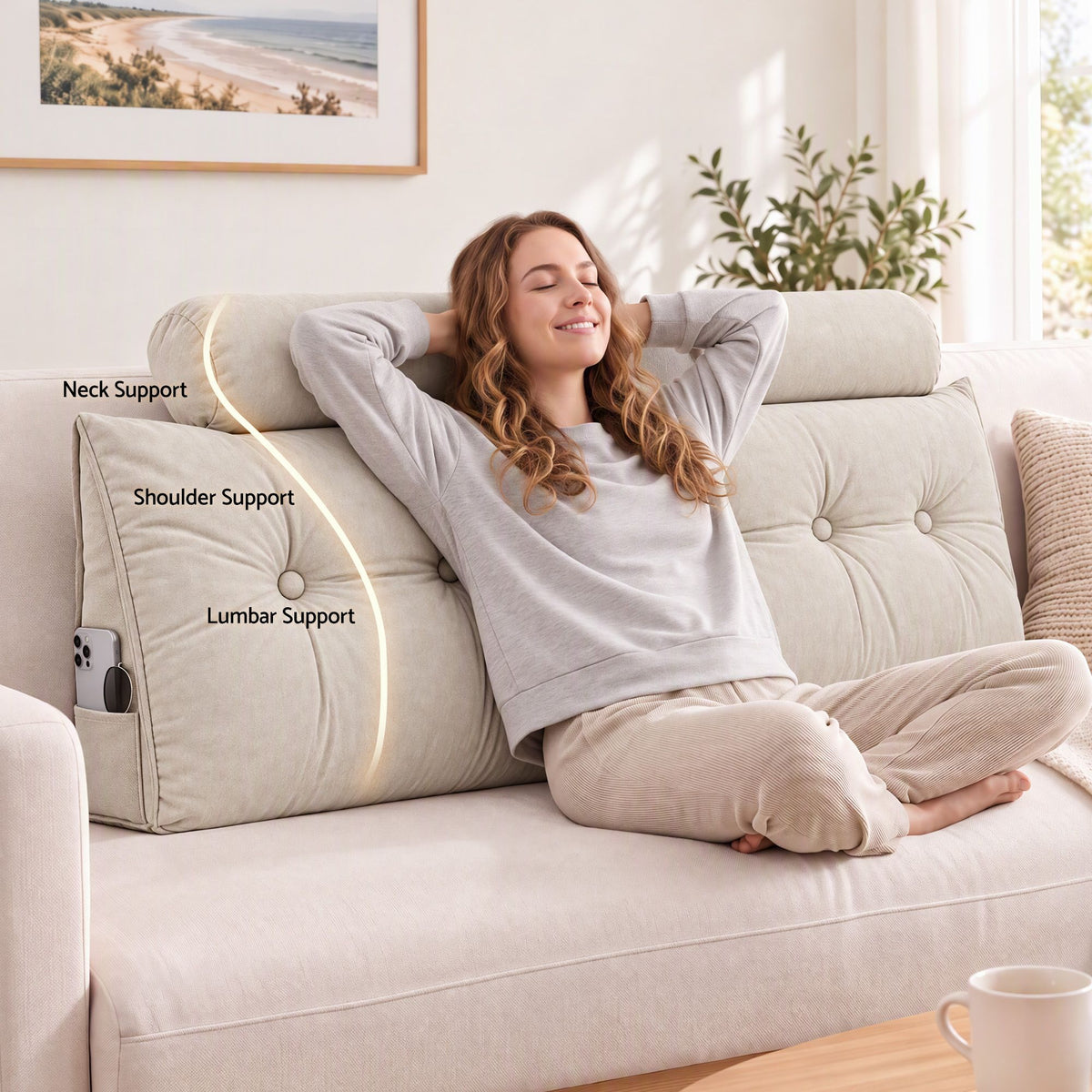 Artiss Headboard Pillow Queen Wedge Backrest Triangular with 2 Cushions Beige Awezingly