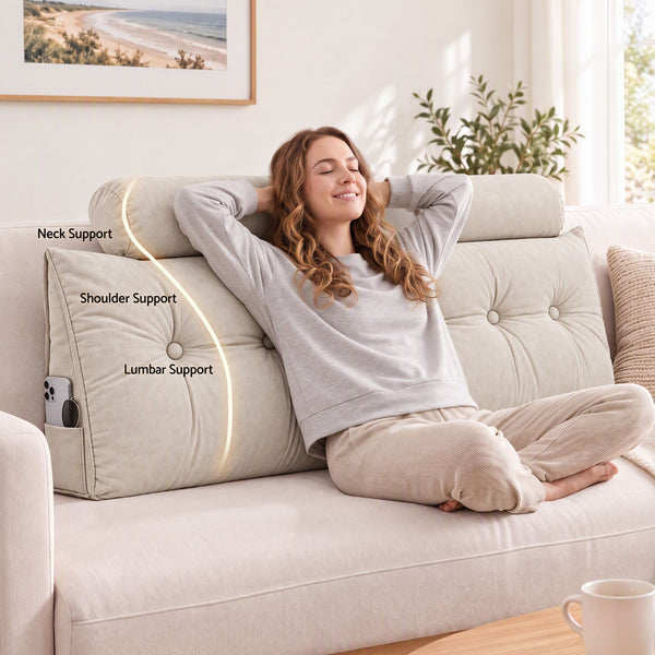 Artiss Headboard Pillow Queen Wedge Backrest Triangular with 2 Cushions Beige Awezingly