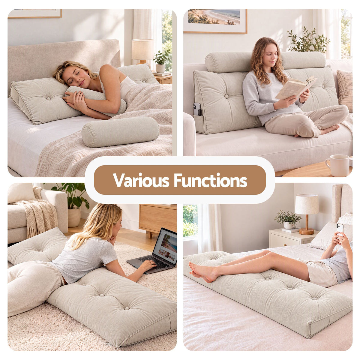 Artiss Headboard Pillow Queen Wedge Backrest Triangular with 2 Cushions Beige Awezingly