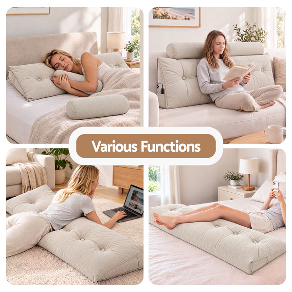 Artiss Headboard Pillow Queen Wedge Backrest Triangular with 2 Cushions Beige Awezingly