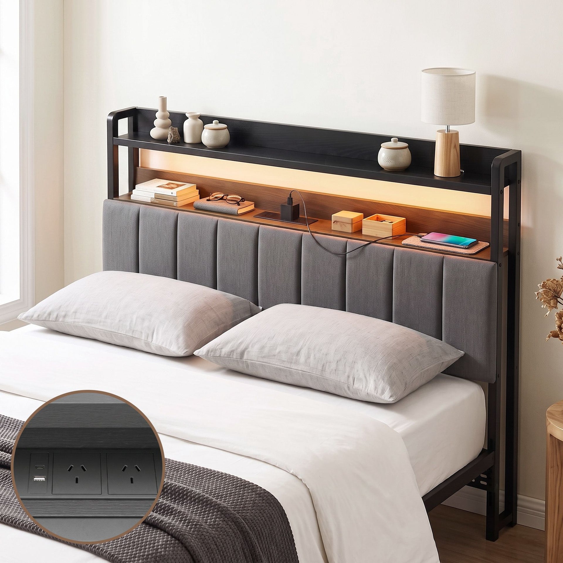 Artiss Double Headboard Charging Station Storage LED Light Grey Upholstered Artiss