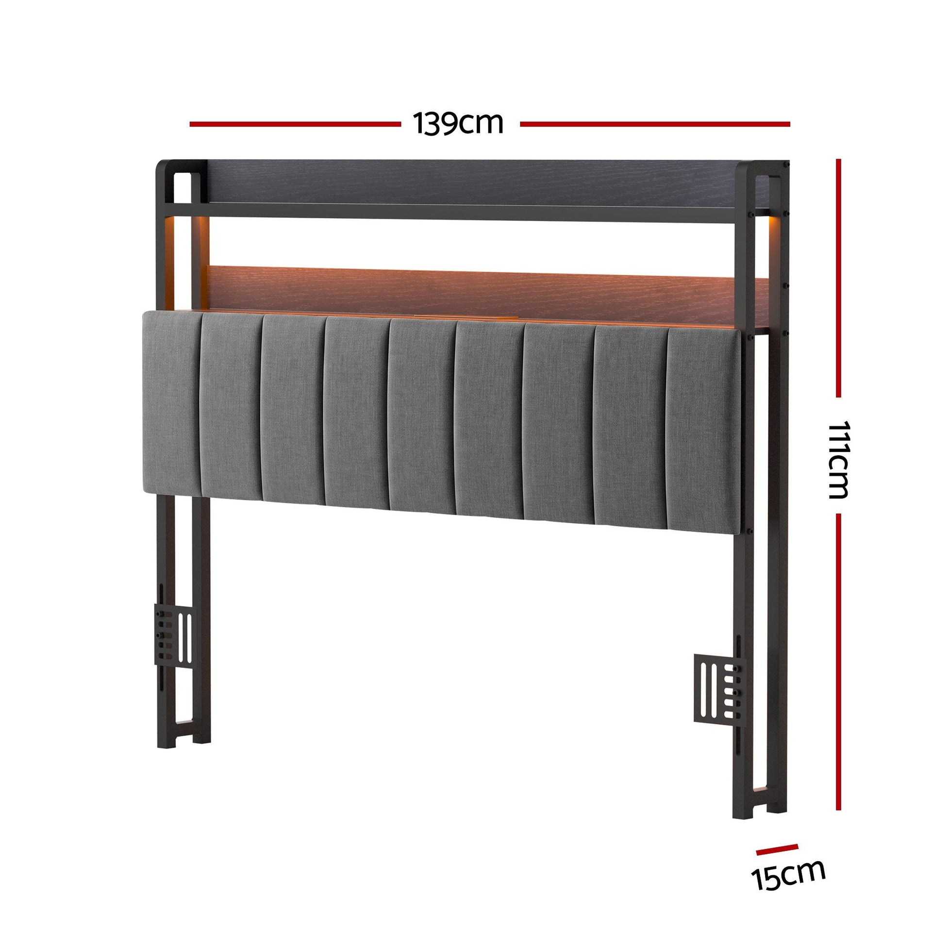 Artiss Double Headboard Charging Station Storage LED Light Grey Upholstered Artiss