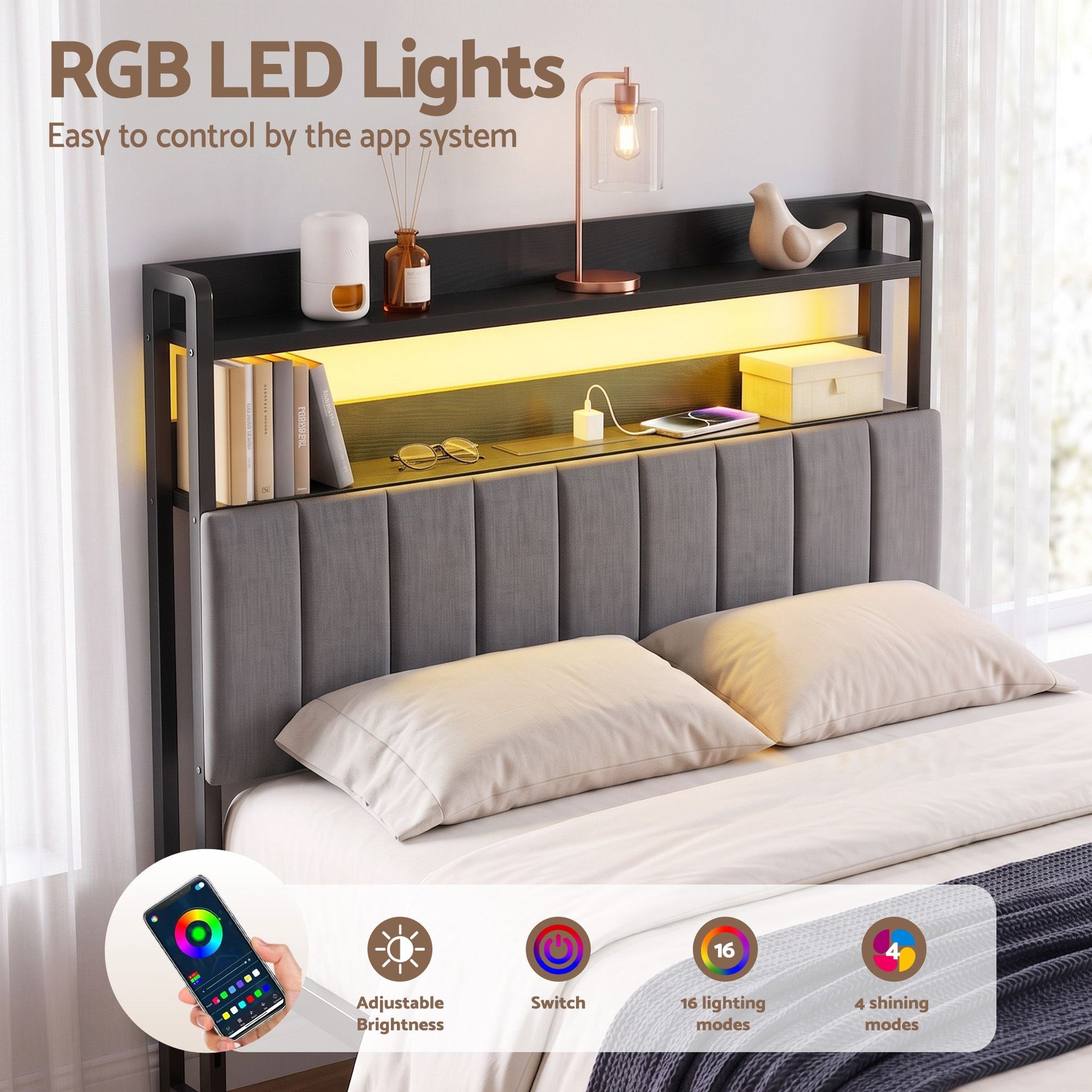 Artiss Double Headboard Charging Station Storage LED Light Grey Upholstered Artiss