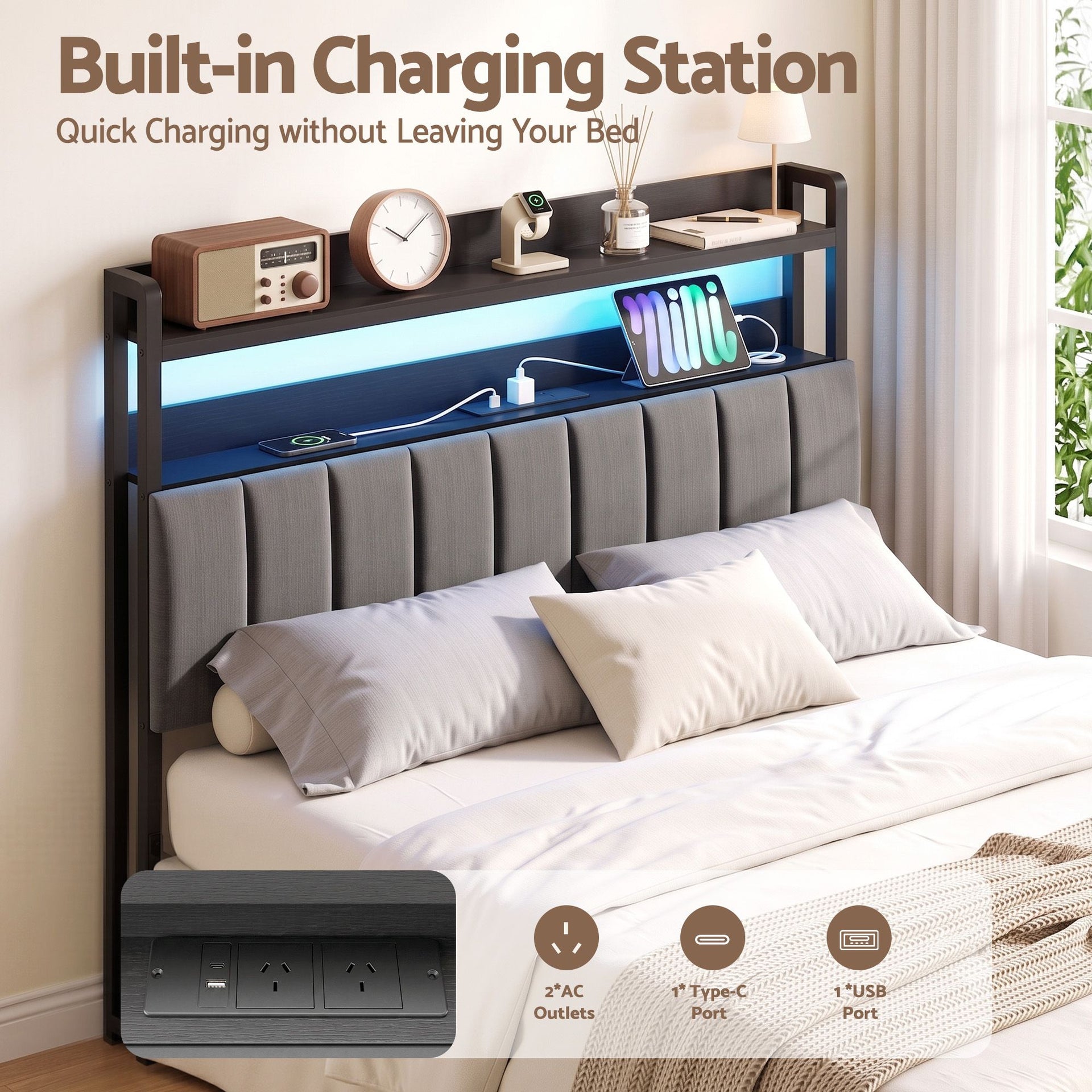 Artiss Double Headboard Charging Station Storage LED Light Grey Upholstered Artiss
