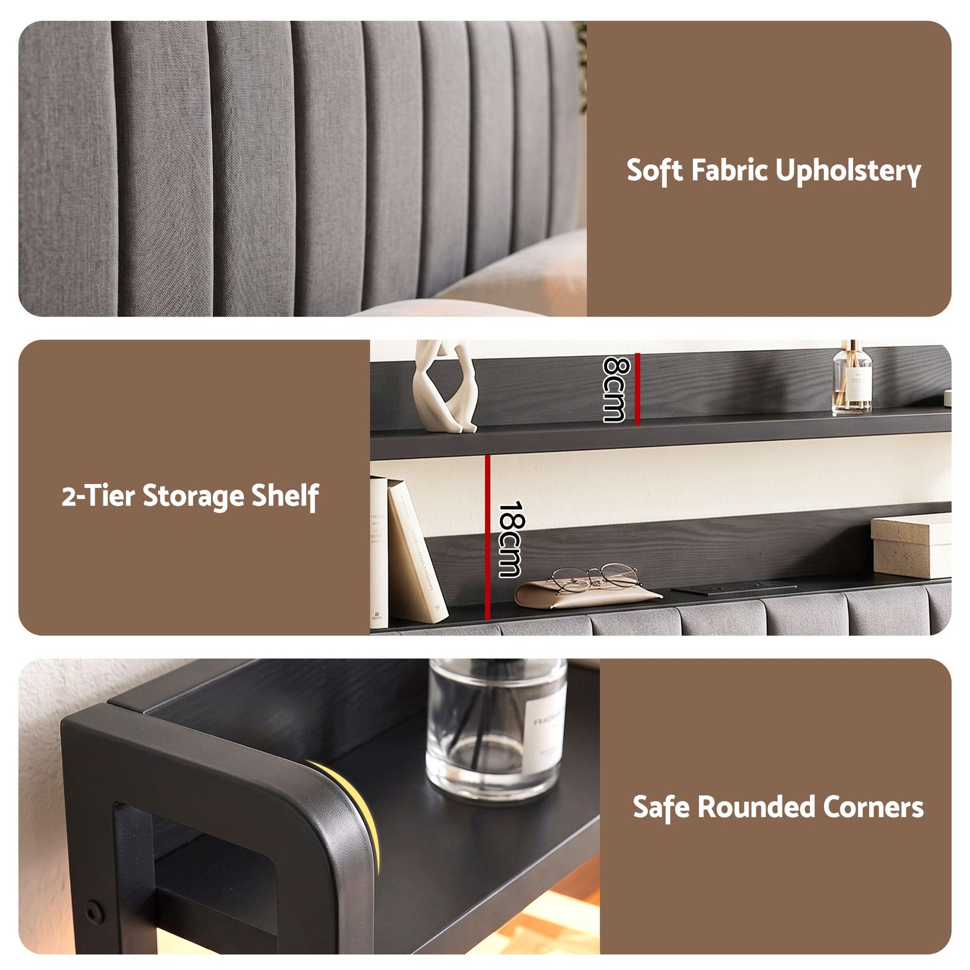 Artiss Double Headboard Charging Station Storage LED Light Grey Upholstered Artiss