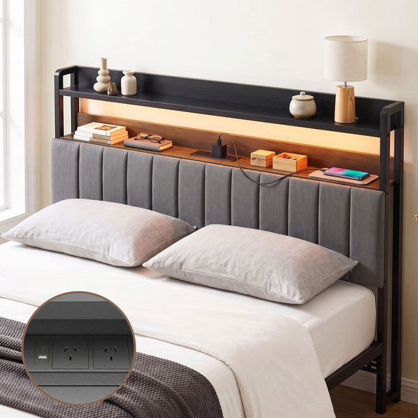 Artiss King Headboard Charging Station Storage LED Light Grey Upholstered Artiss