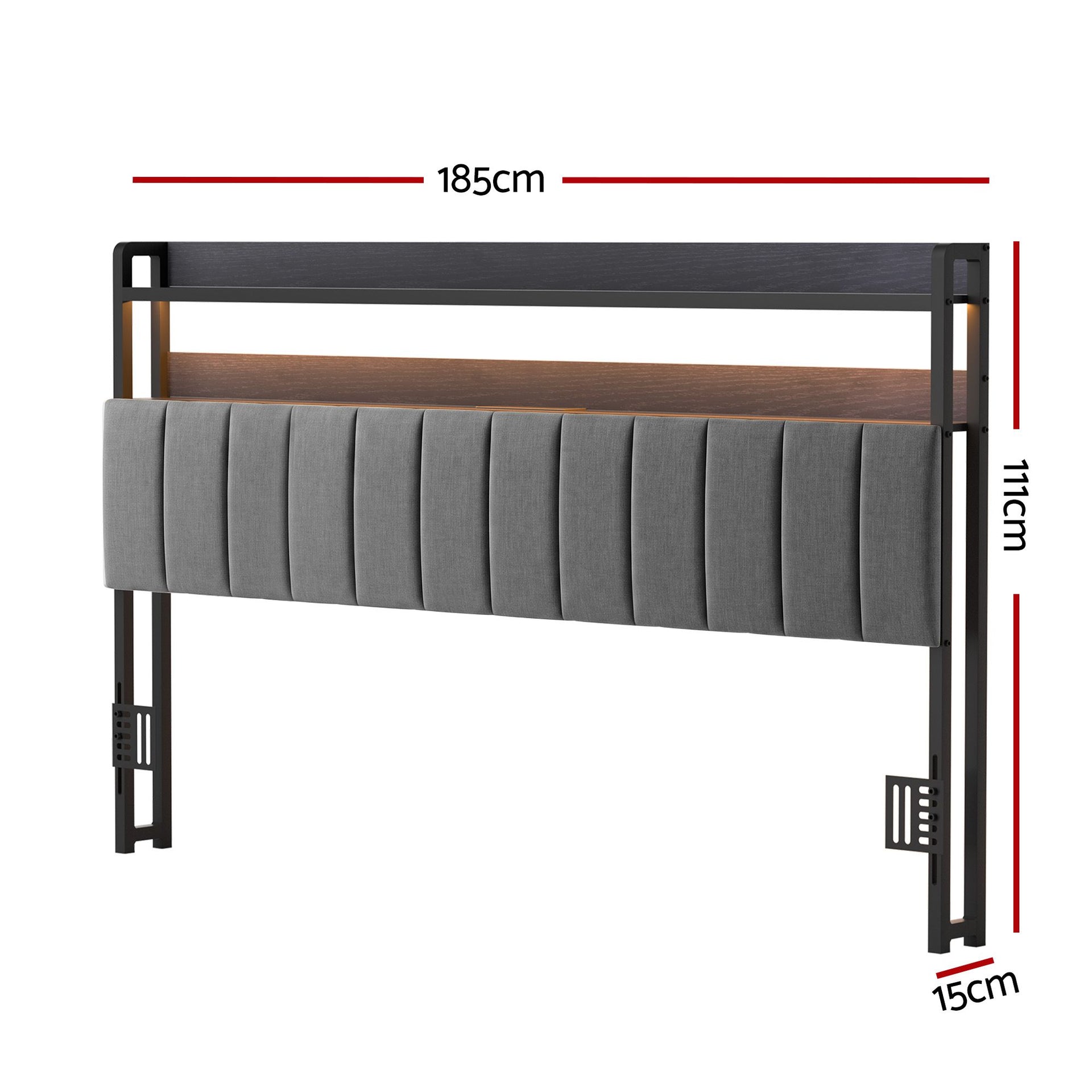 Artiss King Headboard Charging Station Storage LED Light Grey Upholstered Artiss