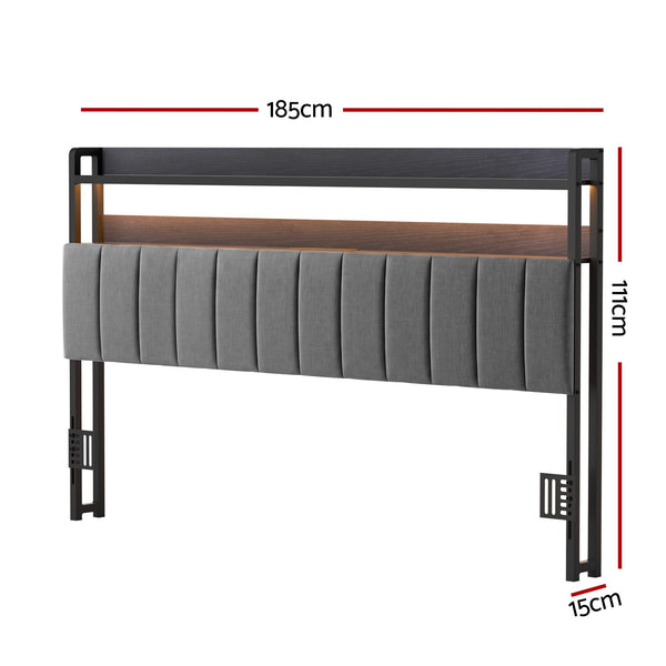 Artiss King Headboard Charging Station Storage LED Light Grey Upholstered Artiss