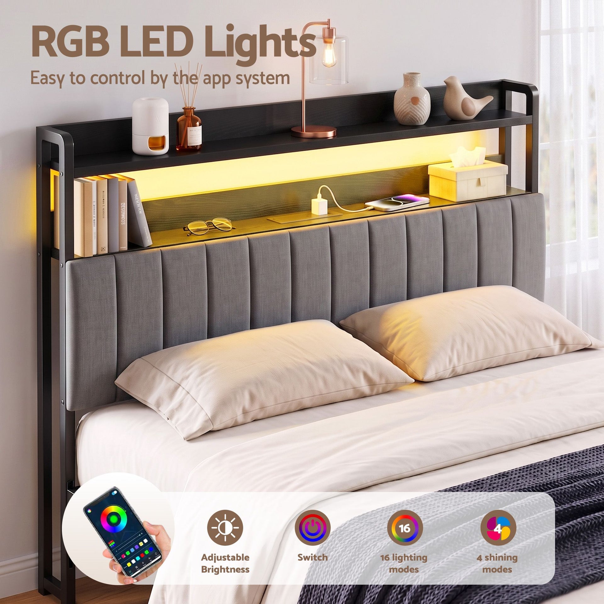 Artiss King Headboard Charging Station Storage LED Light Grey Upholstered Artiss