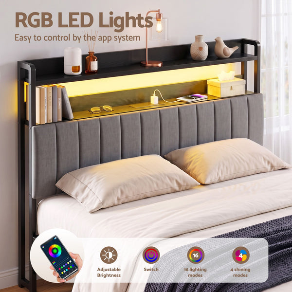 Artiss King Headboard Charging Station Storage LED Light Grey Upholstered Artiss