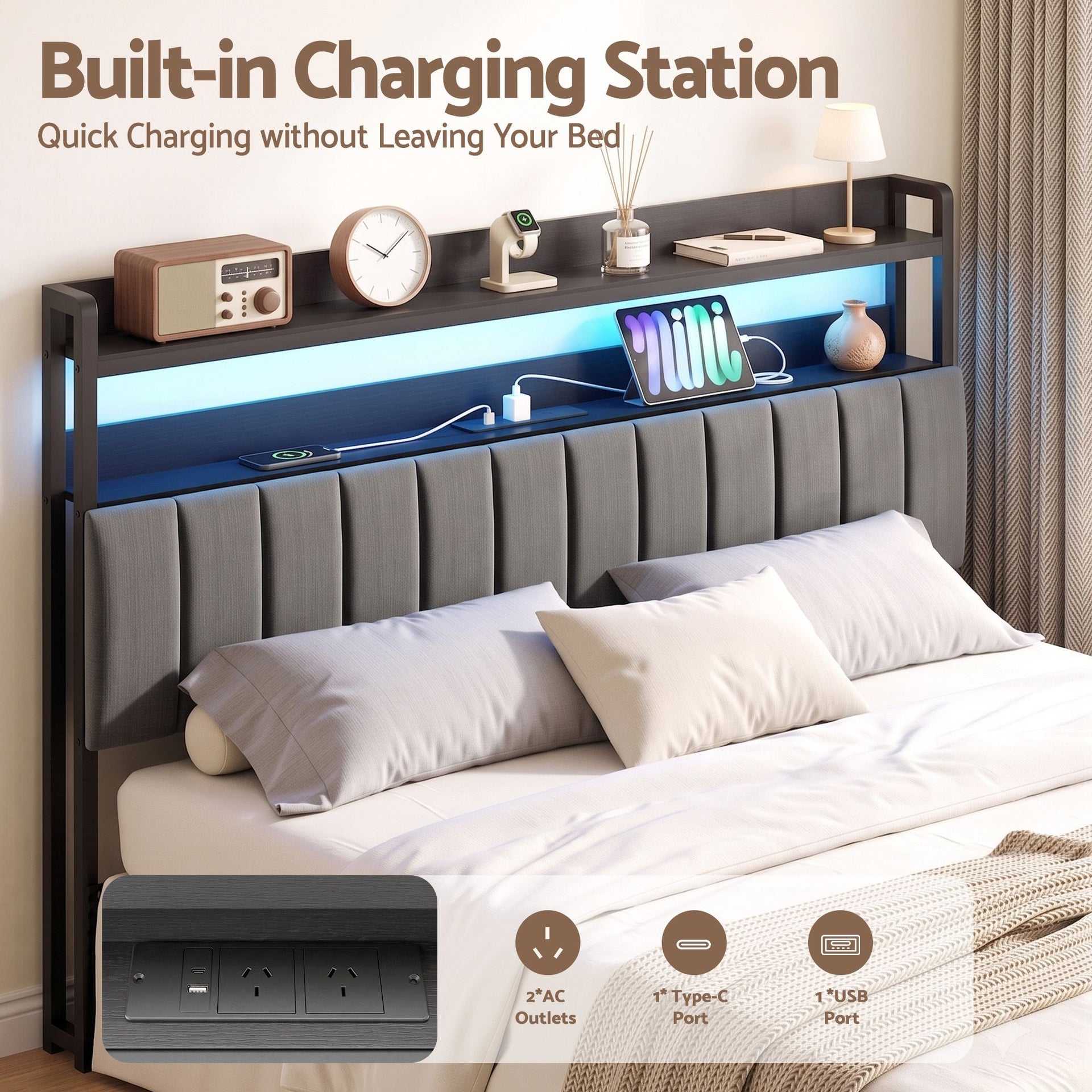 Artiss King Headboard Charging Station Storage LED Light Grey Upholstered Artiss