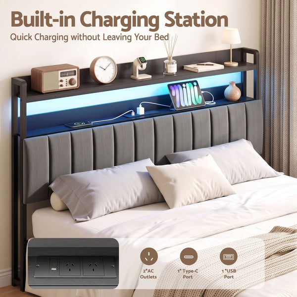 Artiss King Headboard Charging Station Storage LED Light Grey Upholstered Artiss