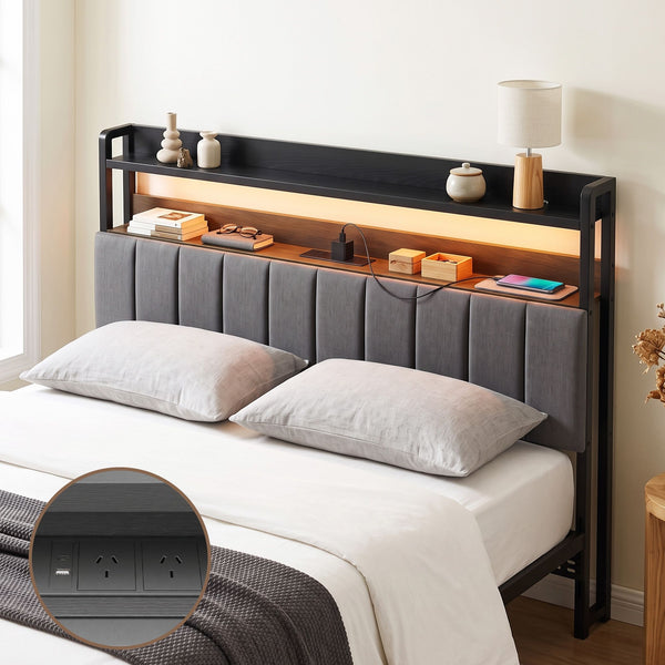 Artiss Queen Headboard Charging Station Storage LED Light Grey Upholstered Awezingly