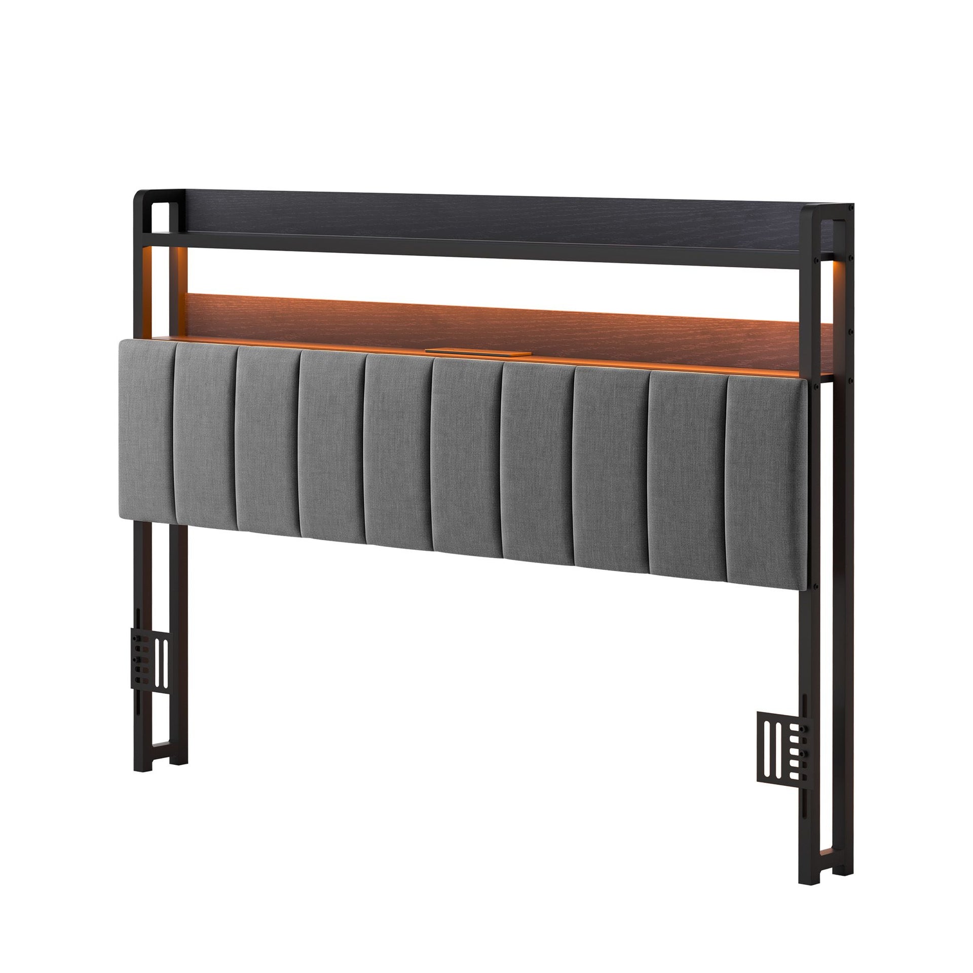 Artiss Queen Headboard Charging Station Storage LED Light Grey Upholstered Awezingly