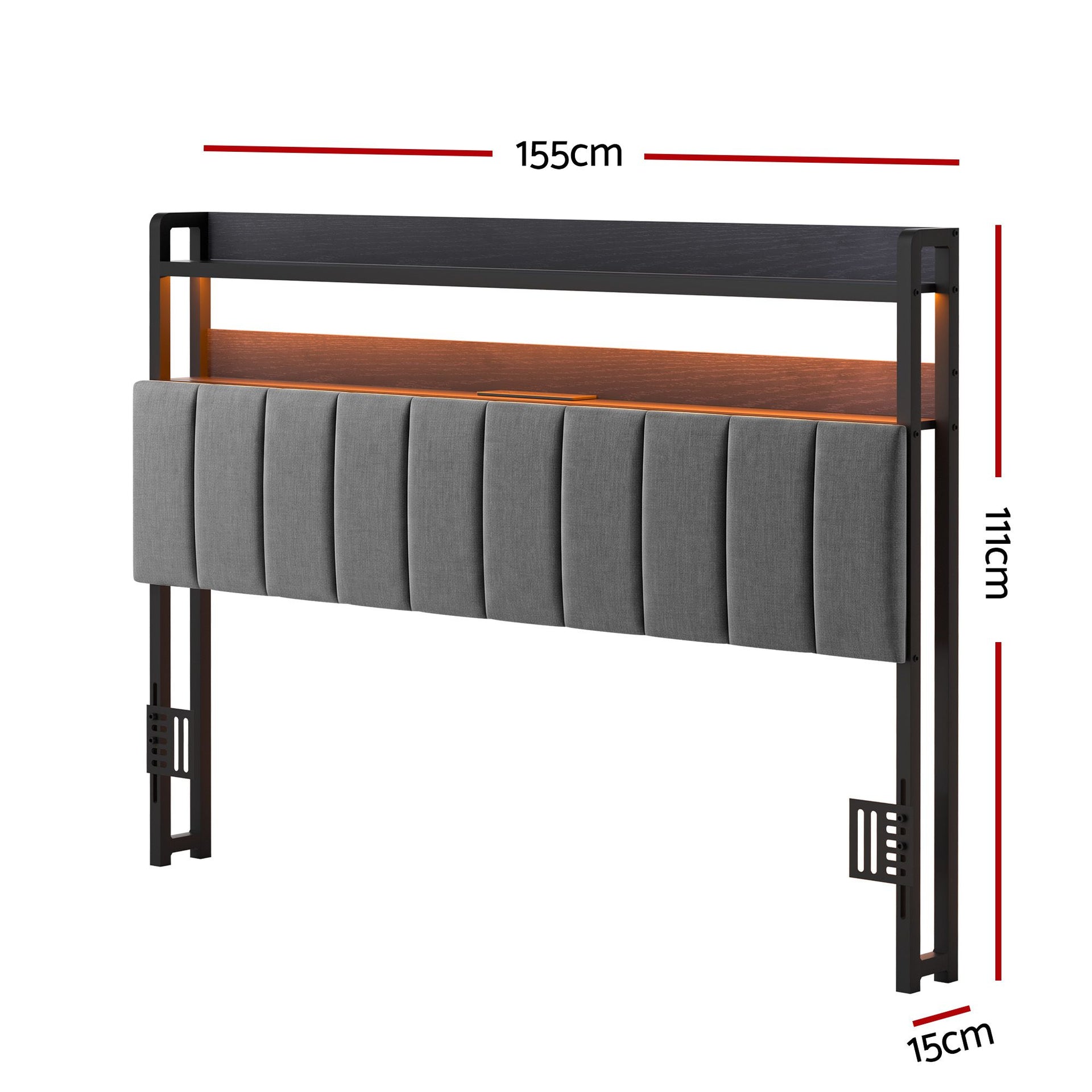 Artiss Queen Headboard Charging Station Storage LED Light Grey Upholstered Awezingly