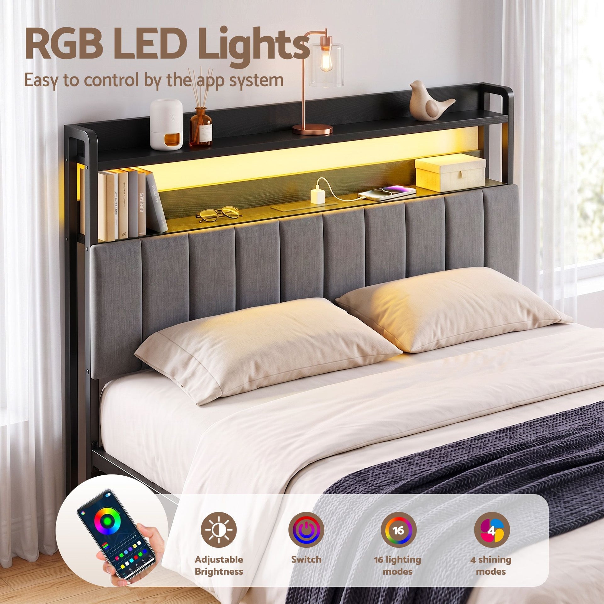 Artiss Queen Headboard Charging Station Storage LED Light Grey Upholstered Awezingly