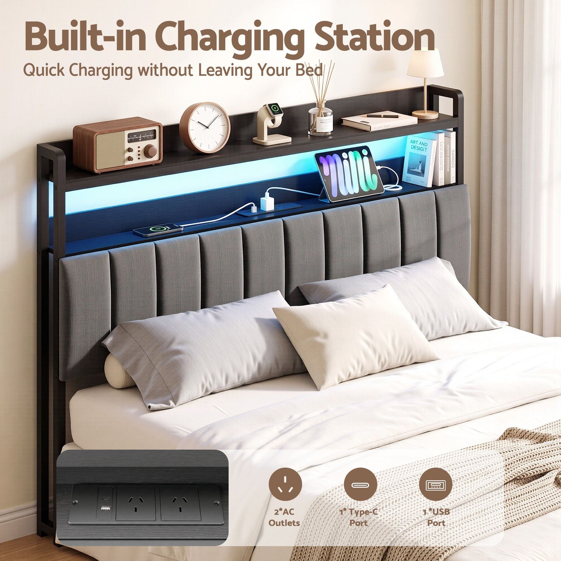 Artiss Queen Headboard Charging Station Storage LED Light Grey Upholstered Awezingly