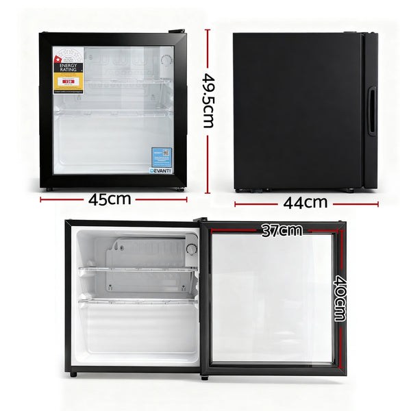 Devanti 40L Bar Fridge Glass Door Mini Fridge Countertop Cooler Black Devanti