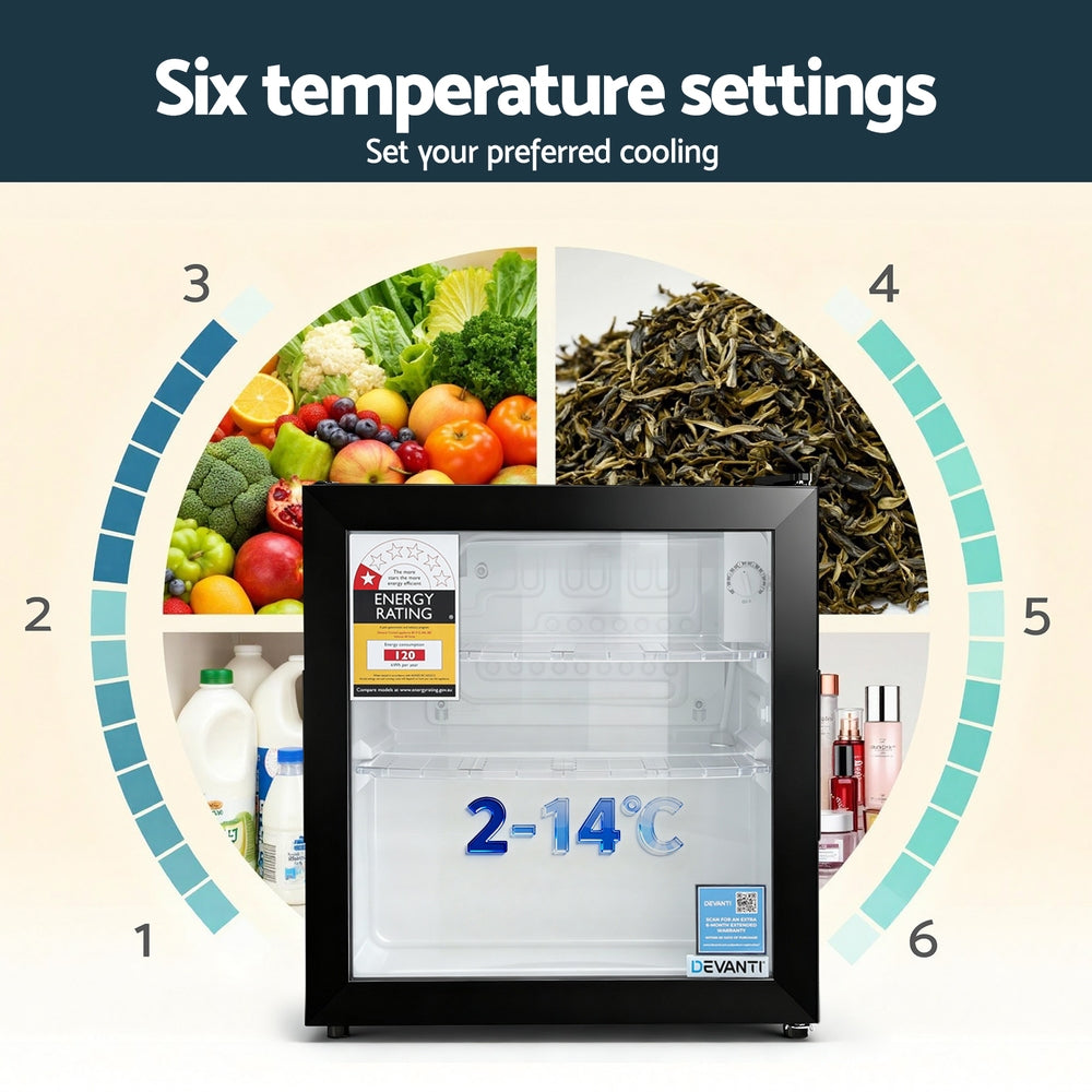 Devanti 40L Bar Fridge Glass Door Mini Fridge Countertop Cooler Black Devanti