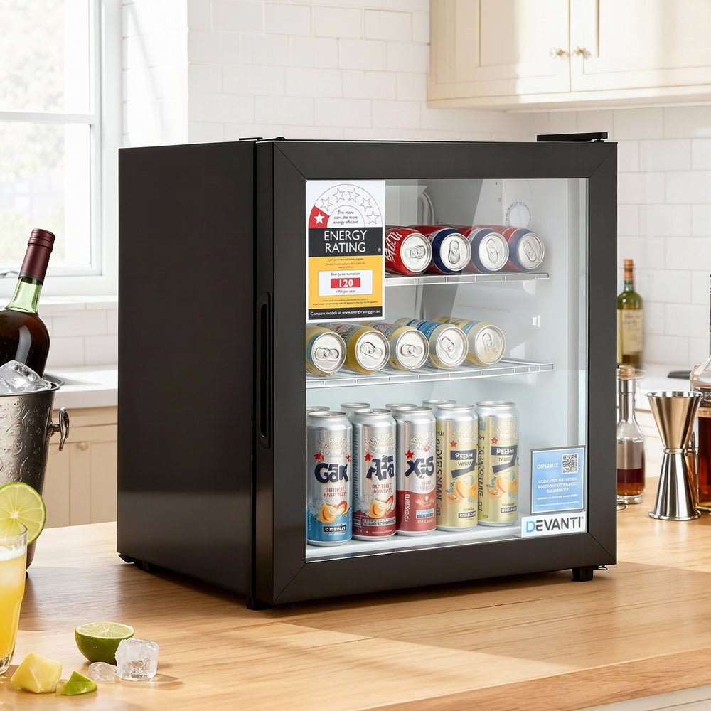 Devanti 40L Bar Fridge Glass Door Mini Fridge Countertop Cooler Black Devanti