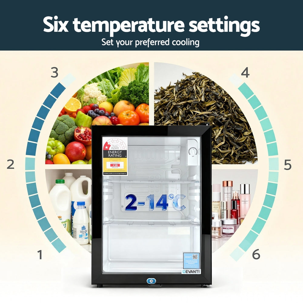 Devanti 56L Bar Fridge Glass Door Mini Fridge Countertop Cooler Black Awezingly