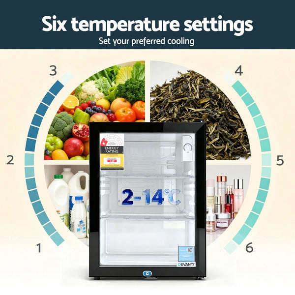 Devanti 56L Bar Fridge Glass Door Mini Fridge Countertop Cooler Black Awezingly