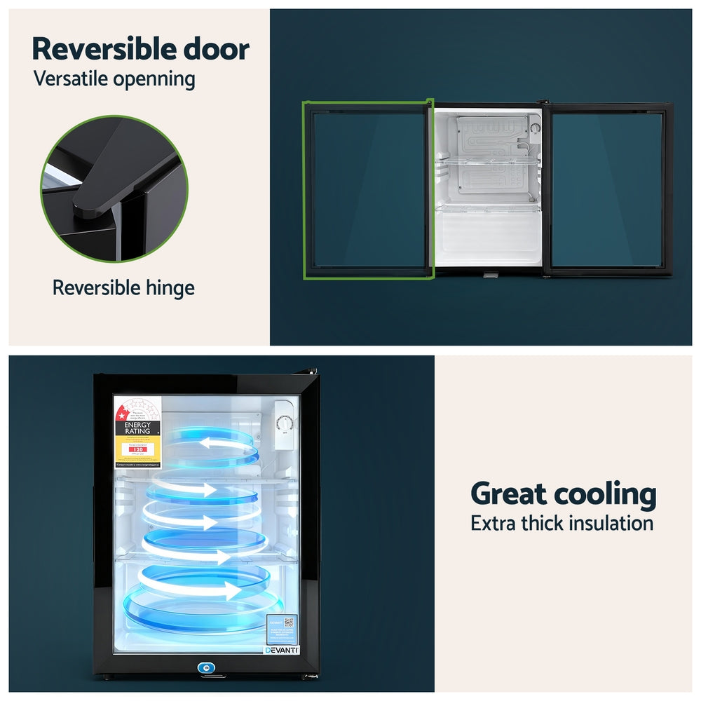 Devanti 56L Bar Fridge Glass Door Mini Fridge Countertop Cooler Black Awezingly