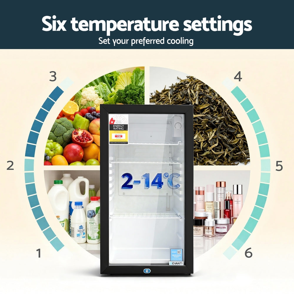 Devanti 78L Bar Fridge Glass Door Mini Fridge Countertop Cooler Black Devanti
