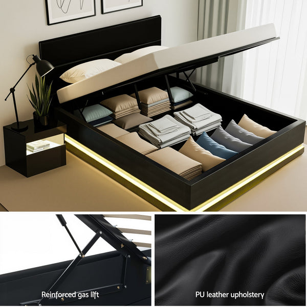 Artiss RGB LED Double Bed Frame with Beside Table Set 16 Colour Mood Lighting Awezingly