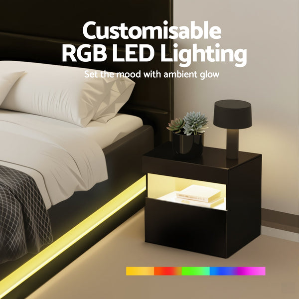 Artiss RGB LED Double Bed Frame with Beside Table Set 16 Colour Mood Lighting Awezingly