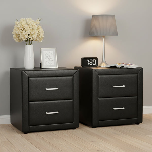 Artiss 2X Bedside Table 2 Drawers Side Table Leather - CADEN Black Awezingly