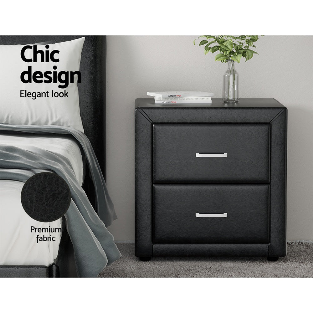 Artiss 2X Bedside Table 2 Drawers Side Table Leather - CADEN Black Awezingly