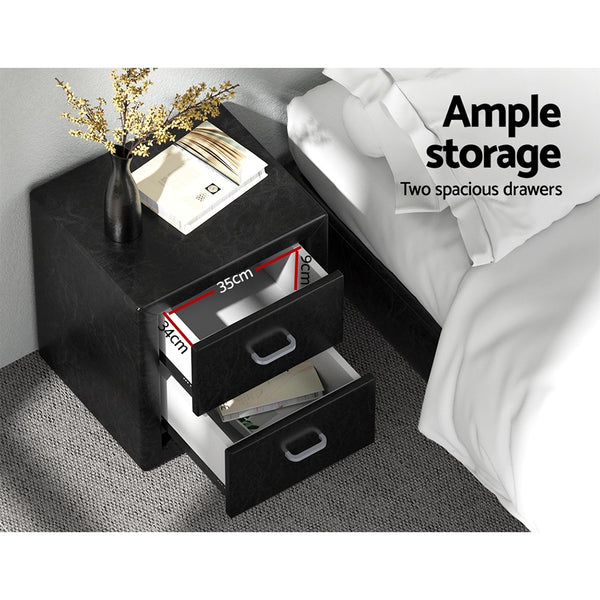Artiss 2X Bedside Table 2 Drawers Side Table Leather - CADEN Black Awezingly