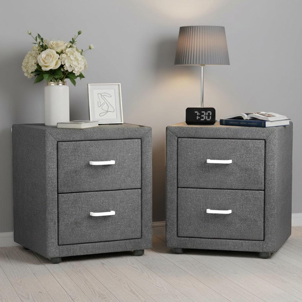 Artiss 2X Bedside Table 2 Drawers Side Table Fabric - CADEN Grey Awezingly