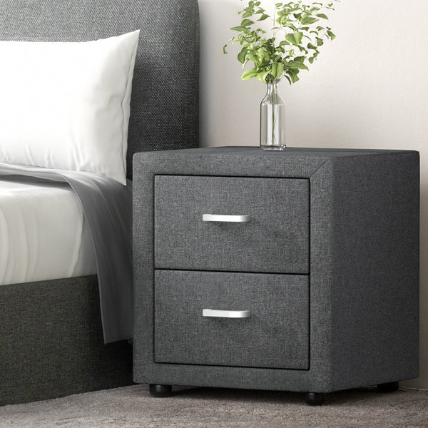 Artiss 2X Bedside Table 2 Drawers Side Table Fabric - CADEN Grey Awezingly
