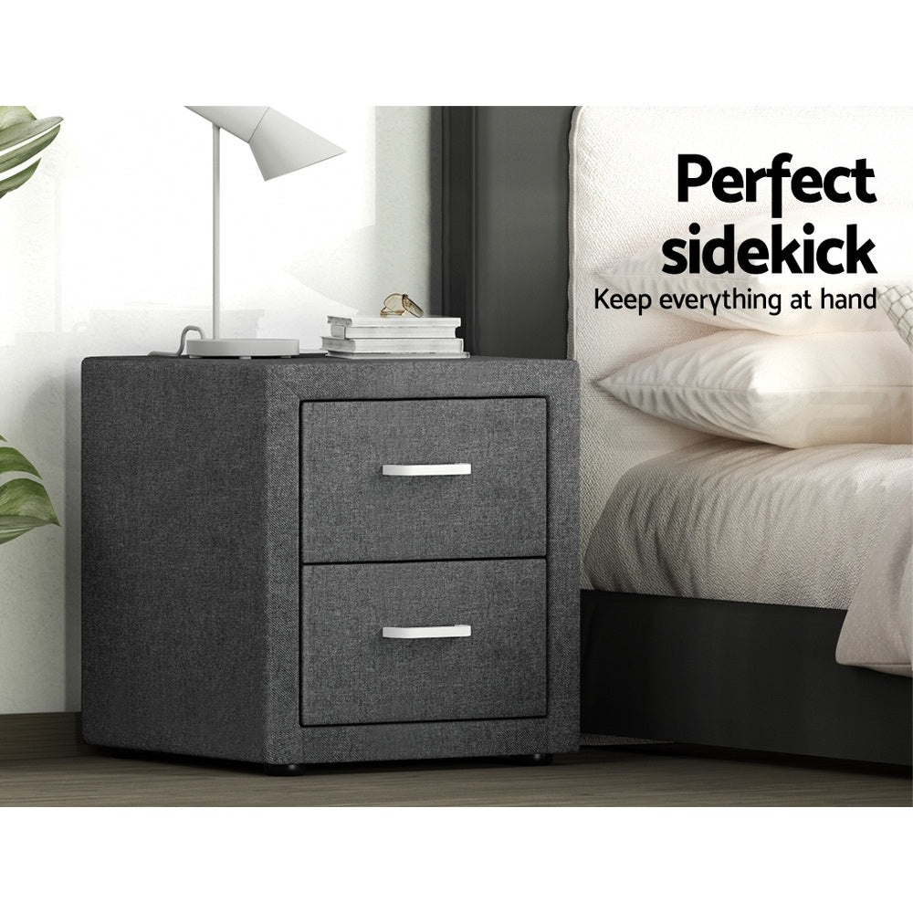 Artiss 2X Bedside Table 2 Drawers Side Table Fabric - CADEN Grey Awezingly