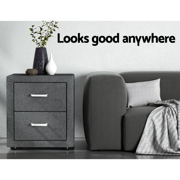 Artiss 2X Bedside Table 2 Drawers Side Table Fabric - CADEN Grey Awezingly
