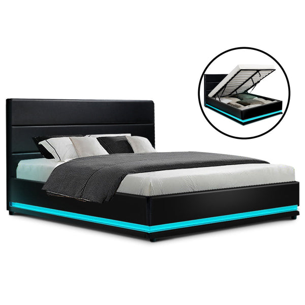 Artiss RGB LED Bed Frame Double Full Size Gas Lift Base Storage Black Leather LUMI Artiss