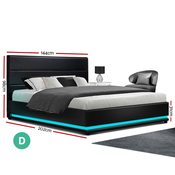 Artiss RGB LED Bed Frame Double Full Size Gas Lift Base Storage Black Leather LUMI Artiss