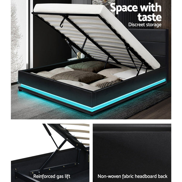 Artiss RGB LED Bed Frame Double Full Size Gas Lift Base Storage Black Leather LUMI Artiss