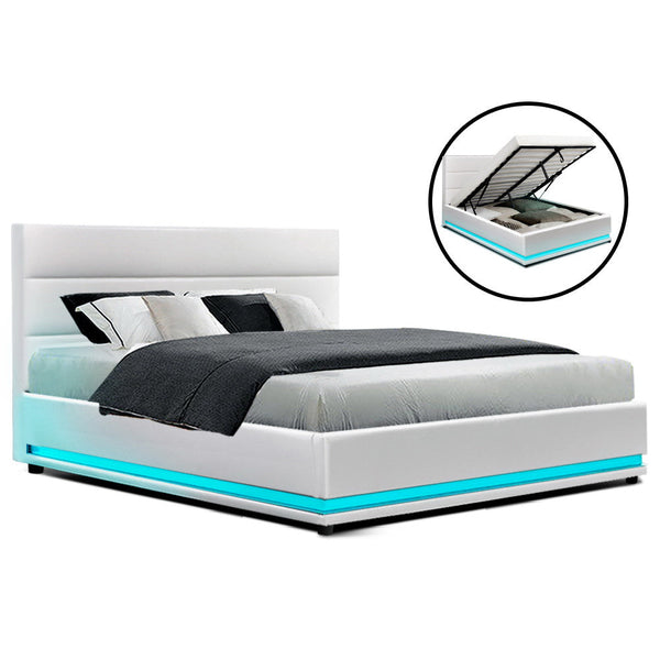 Artiss RGB LED Bed Frame Double Full Size Gas Lift Base Storage White Leather LUMI Artiss