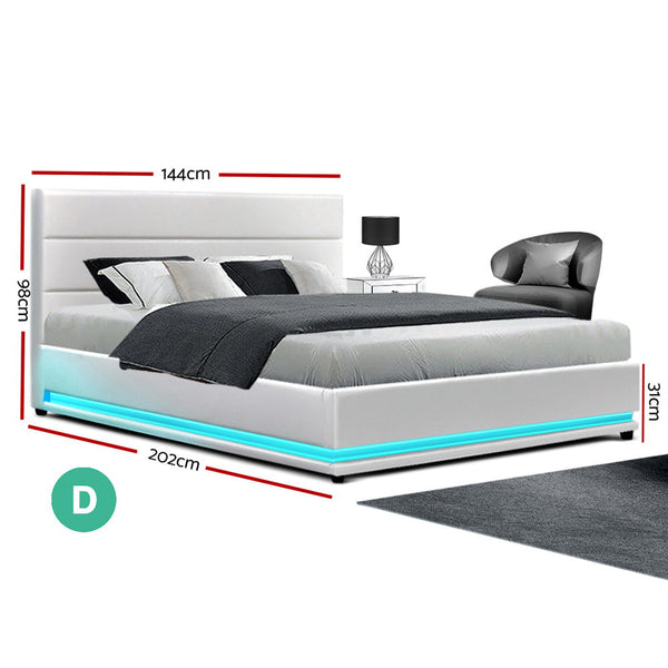 Artiss RGB LED Bed Frame Double Full Size Gas Lift Base Storage White Leather LUMI Artiss