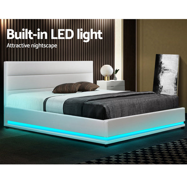 Artiss RGB LED Bed Frame Double Full Size Gas Lift Base Storage White Leather LUMI Artiss