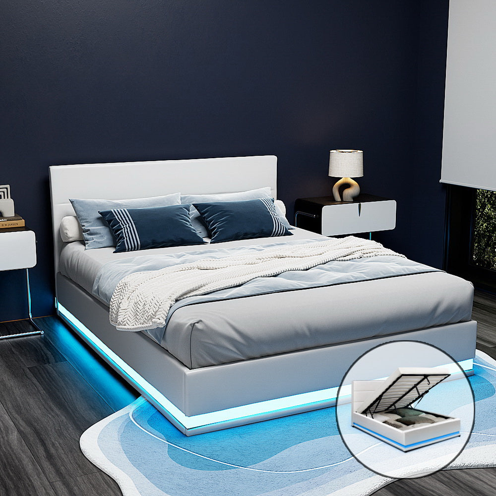 Artiss RGB LED Bed Frame Double Full Size Gas Lift Base Storage White Leather LUMI Artiss
