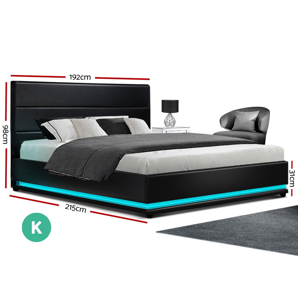 Artiss RGB LED Bed Frame King Size Gas Lift Base Storage Black Leather LUMI Artiss
