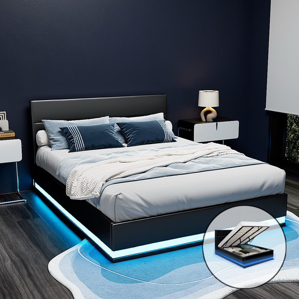 Artiss RGB LED Bed Frame King Size Gas Lift Base Storage Black Leather LUMI Artiss